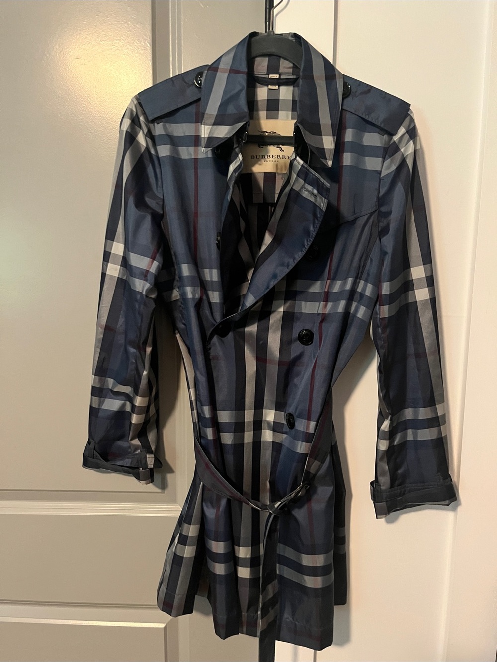 Burberry Navy and White Plaid Double-Breasted Trench Coat
